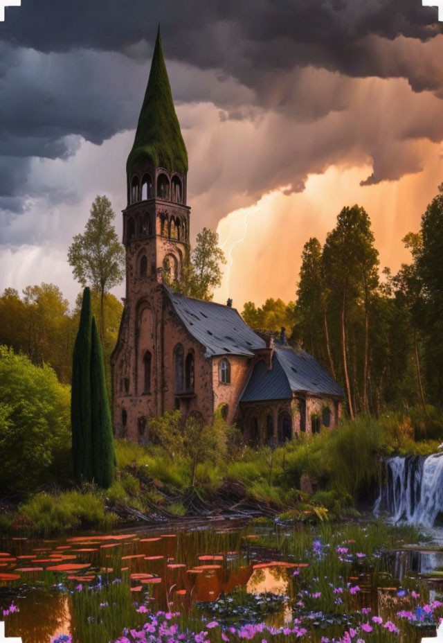 Gothic-style tower in lush greenery under stormy sky with lightning bolt and waterfall.