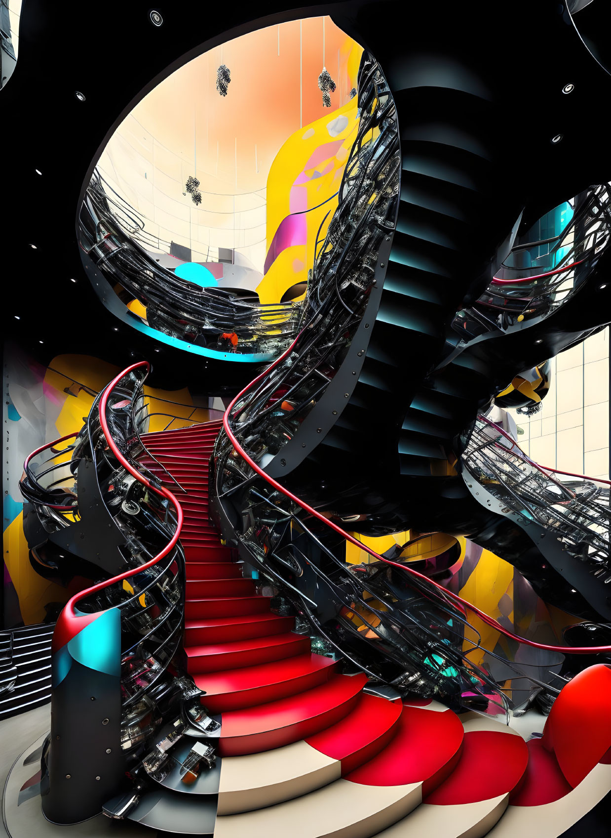 Vibrant futuristic interior with spiral staircase and abstract shapes