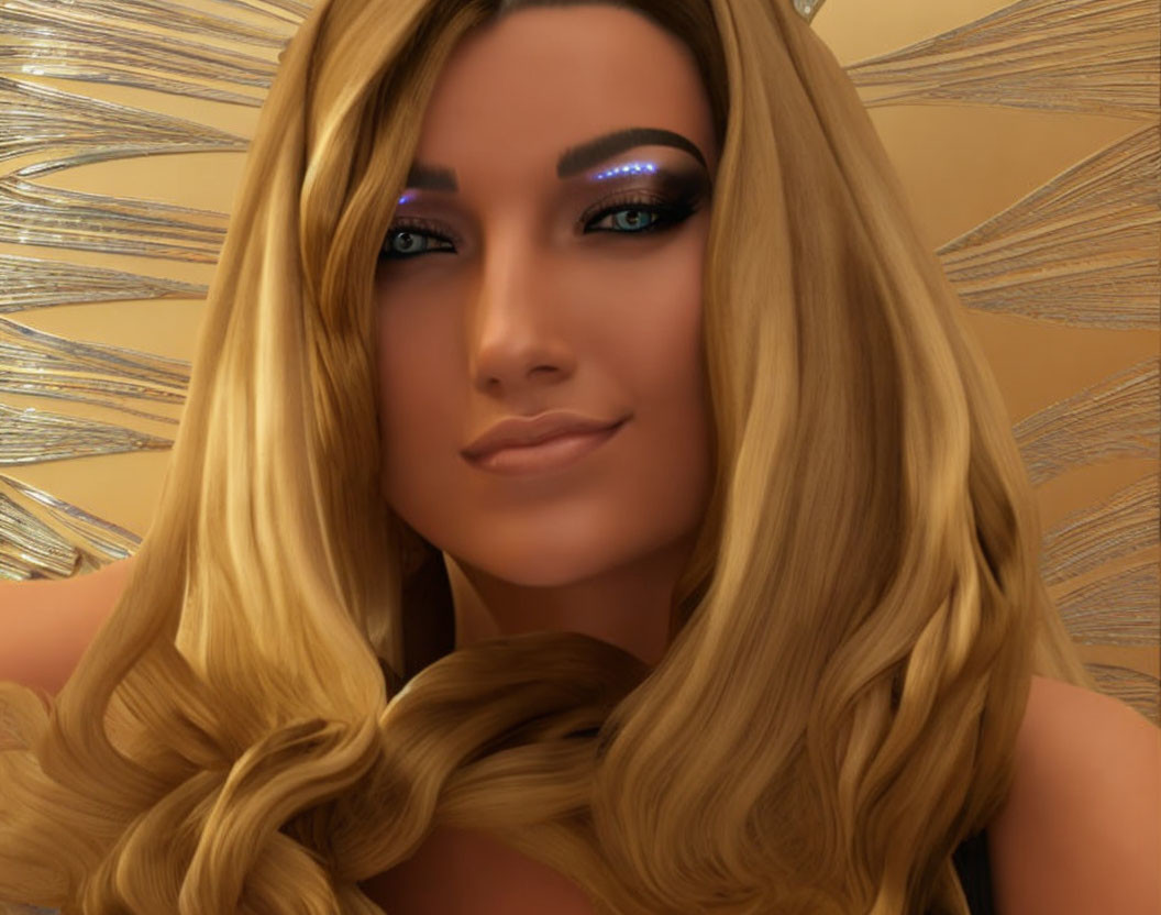 Digital artwork: Woman with long blonde hair, blue eyes, and golden background