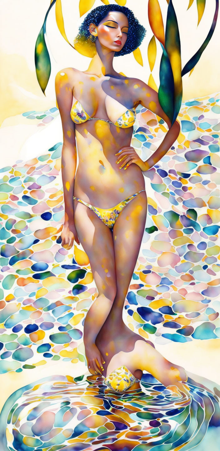 Illustration of woman with dotted skin in yellow swimwear surrounded by colorful water designs