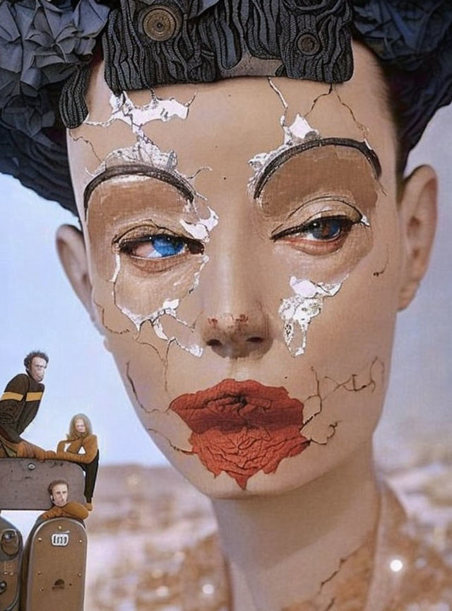 Surreal cracked doll face with realistic eyes and painted mouth, with tiny human figures.