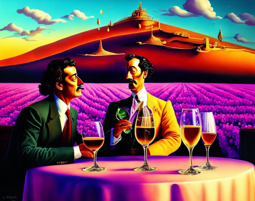 Two men in elegant attire with mustaches toast wine at a table in a vibrant, dreamlike landscape