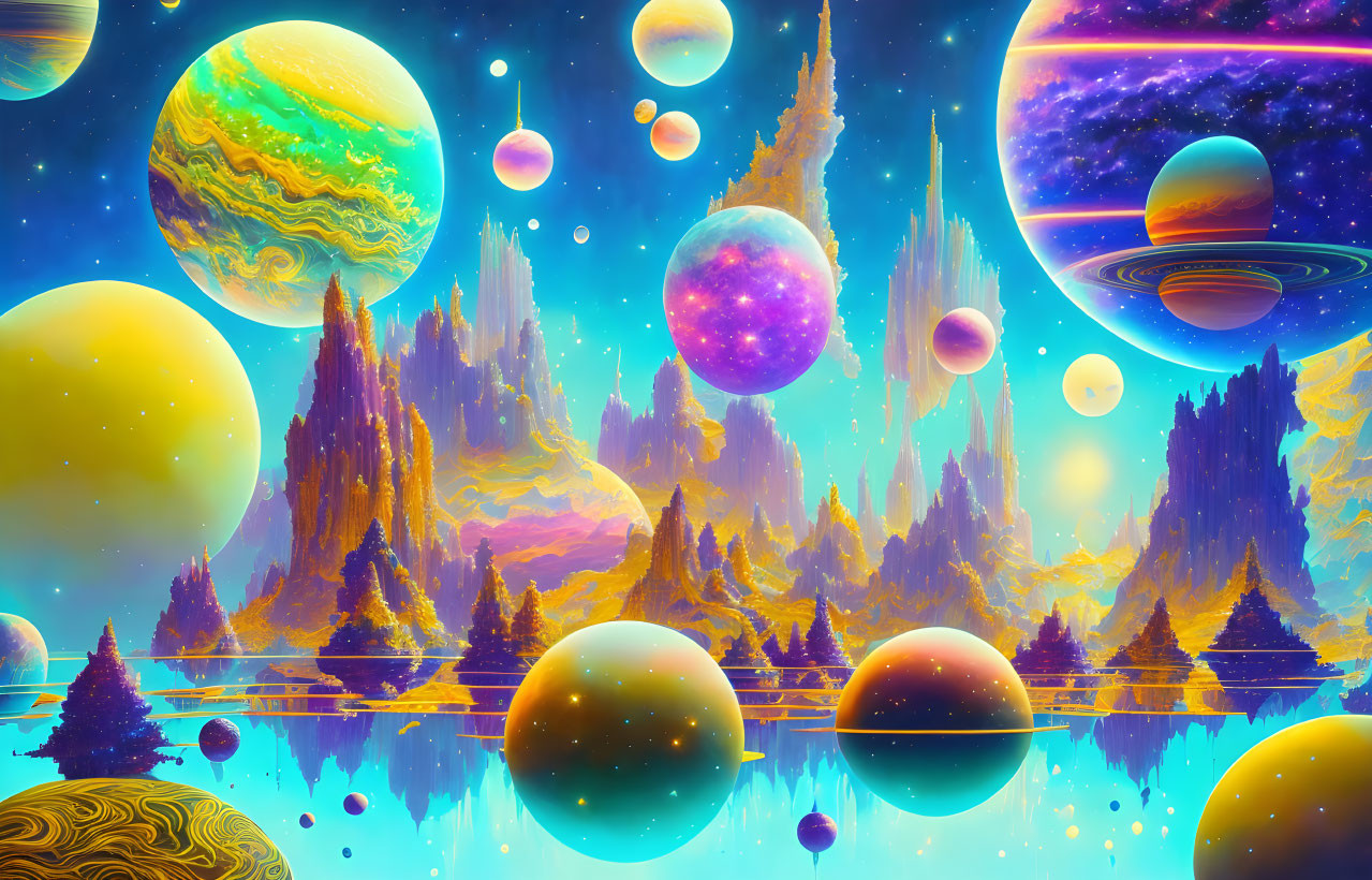 Colorful, spikey mountains and planets in starry sky
