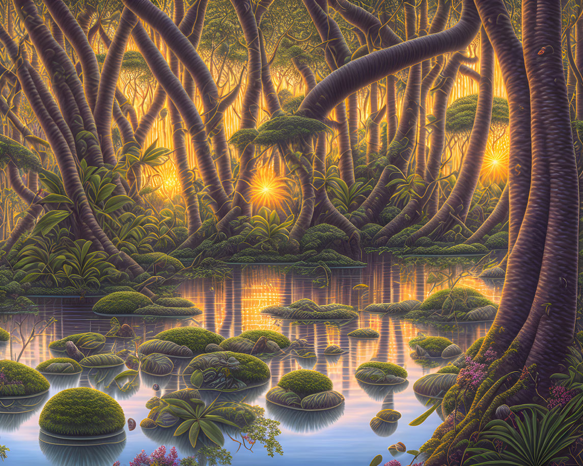 ai jungle woodland lake landscape scene, sunset