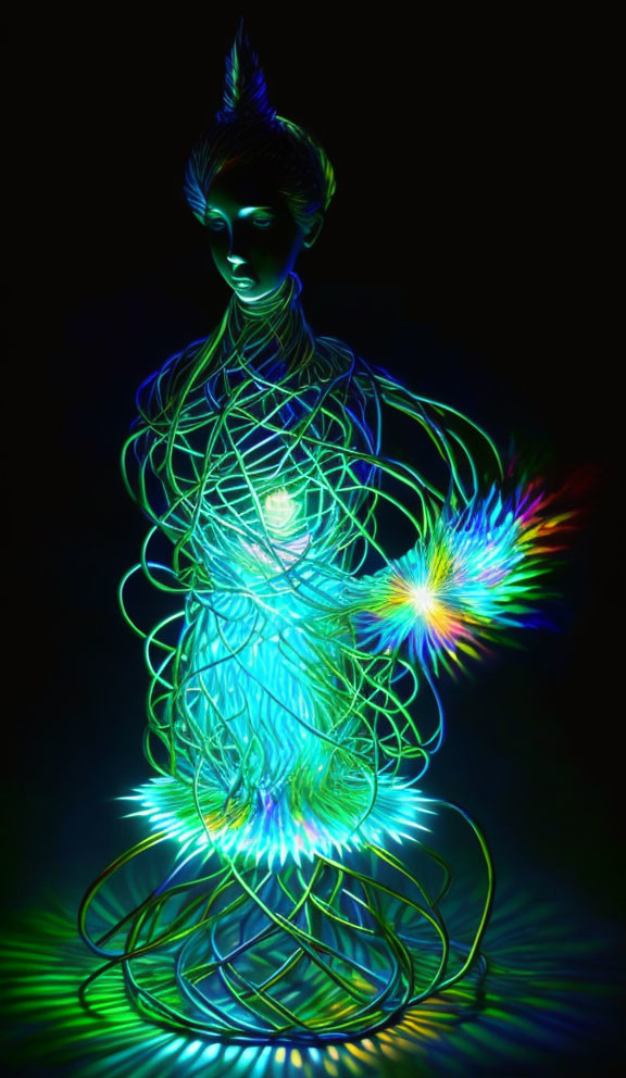 Colorful neon light sculpture of human figure with swirling patterns and feather headpiece