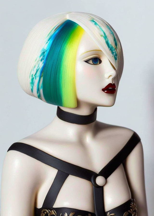 Mannequin with Bob Haircut and Striking Makeup in White, Blue, and Yellow Colors