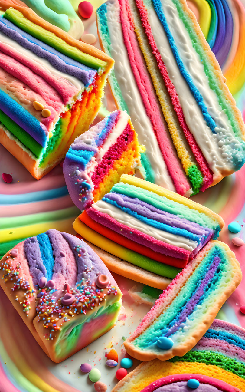 Colorful Rainbow Layer Cakes with Creamy Icing and Sprinkles