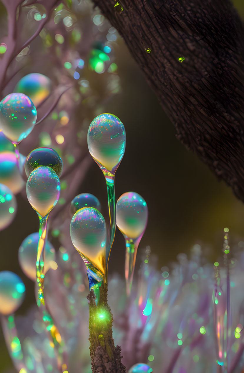 Iridescent soap bubbles on branches with bokeh background.