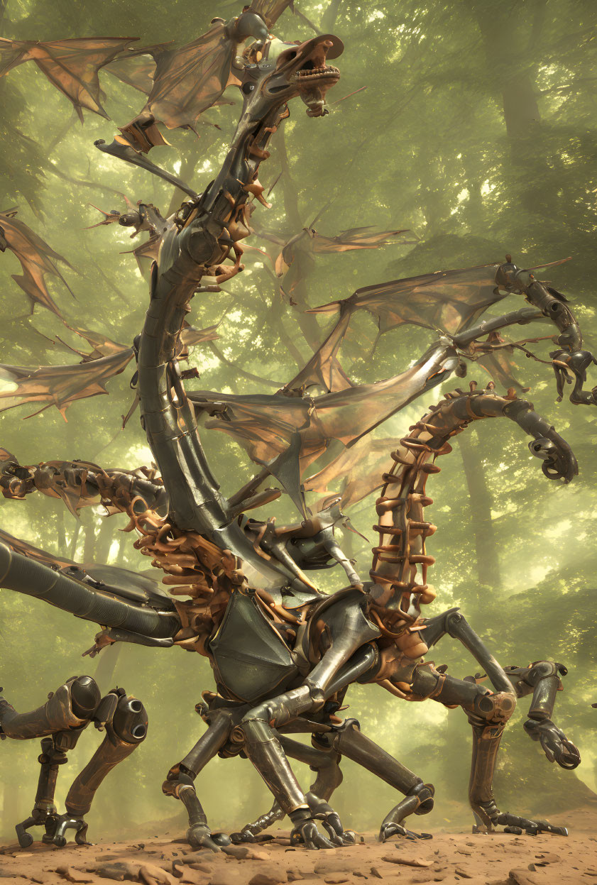 Intricate Mechanical Dragon in Forest Setting