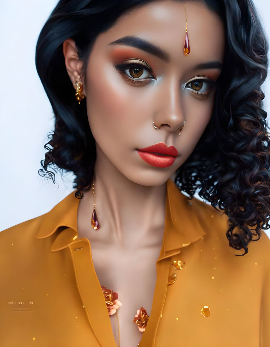 Bold Makeup Woman in Golden Blouse with Red Lips