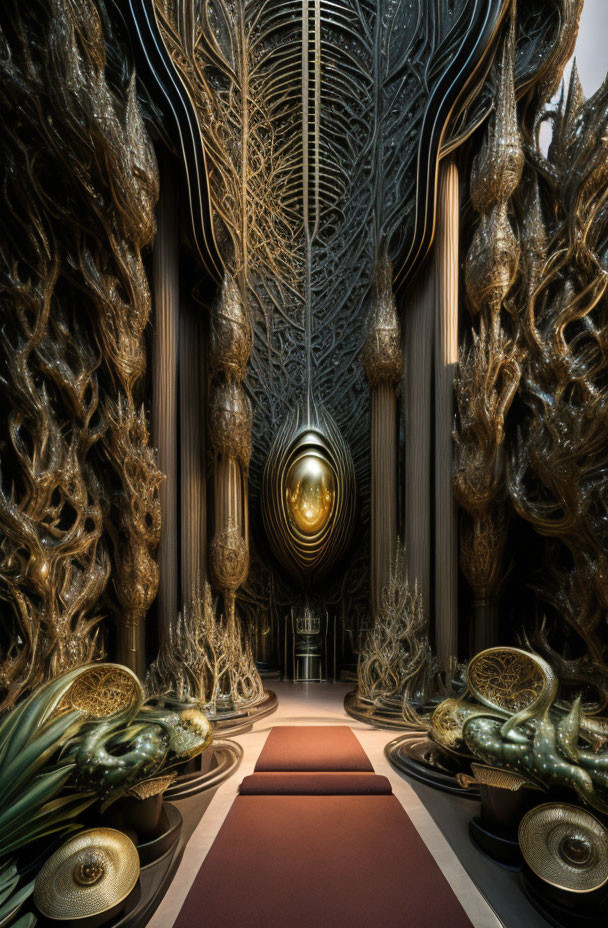 Futuristic ornate hallway with golden hues and egg-shaped structure