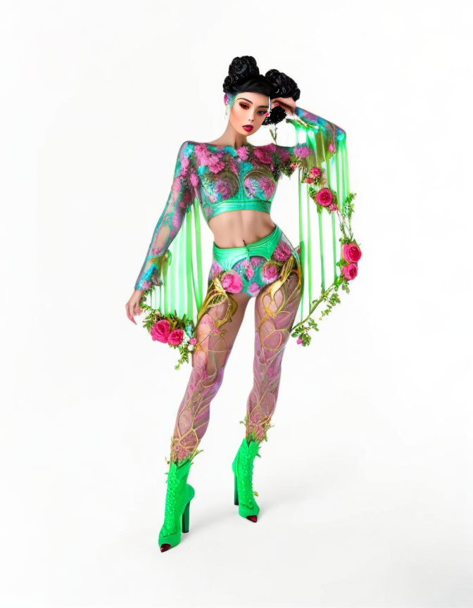 Fashion model in bold floral outfit with crop top and neon green boots