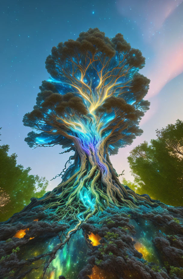 Majestic tree with vibrant blue glow against starry night sky