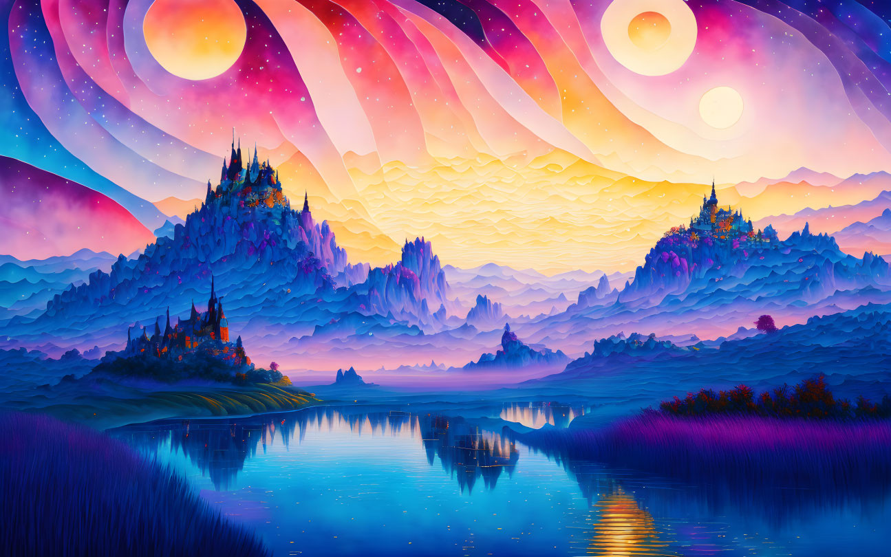 Fantasy landscape with multi-colored skies, twin moons, castle, and mountains mirrored in a lake