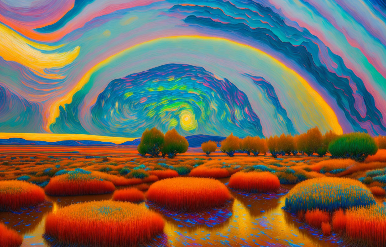 Colorful surreal landscape with rainbow sky and circular sun over orange and red grasses.