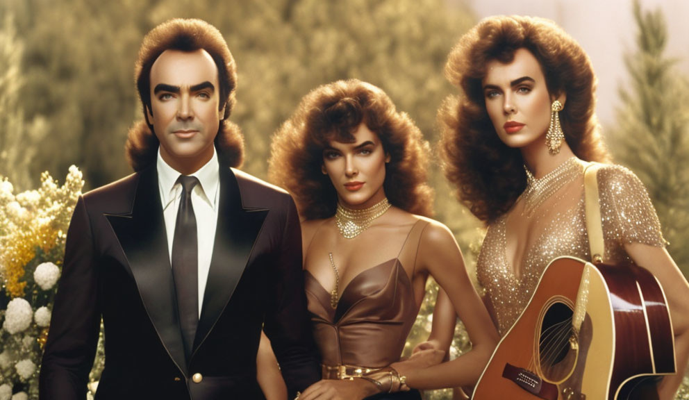 Three People in Voluminous Hairdos, Man in Black Suit with Women in Shimmering Dresses