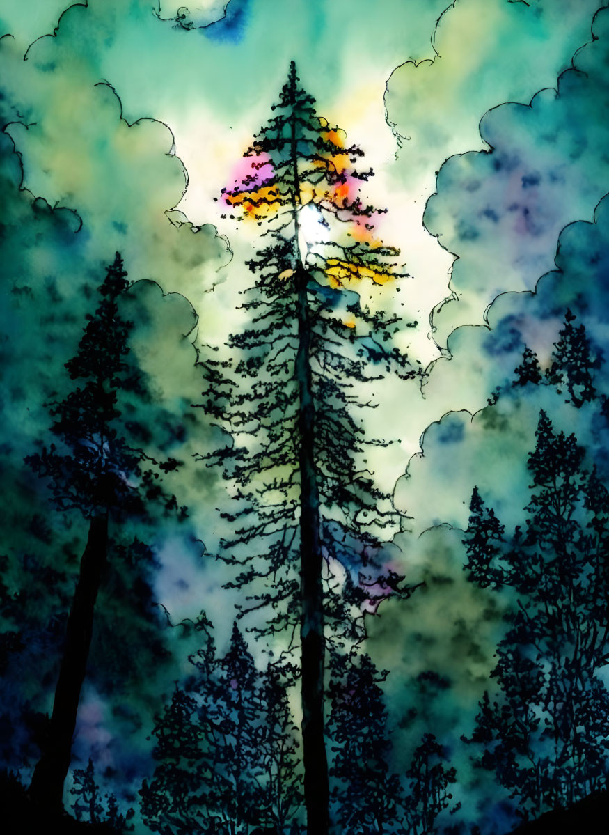 Colorful Watercolor Sky Silhouetted Trees Image