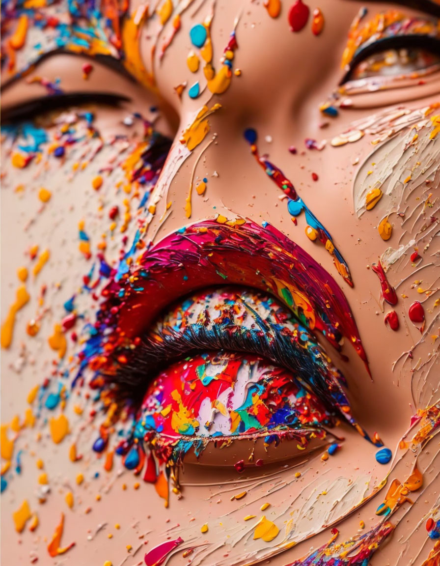 Face with Multicolored Paint Splashes and Vibrant Makeup