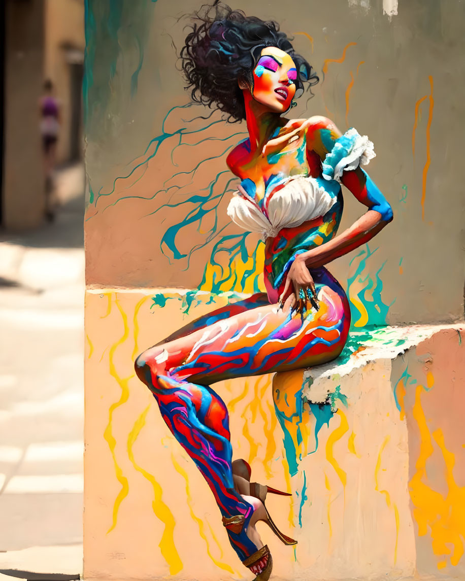 Colorful Stylized Woman Illustration on Urban Street