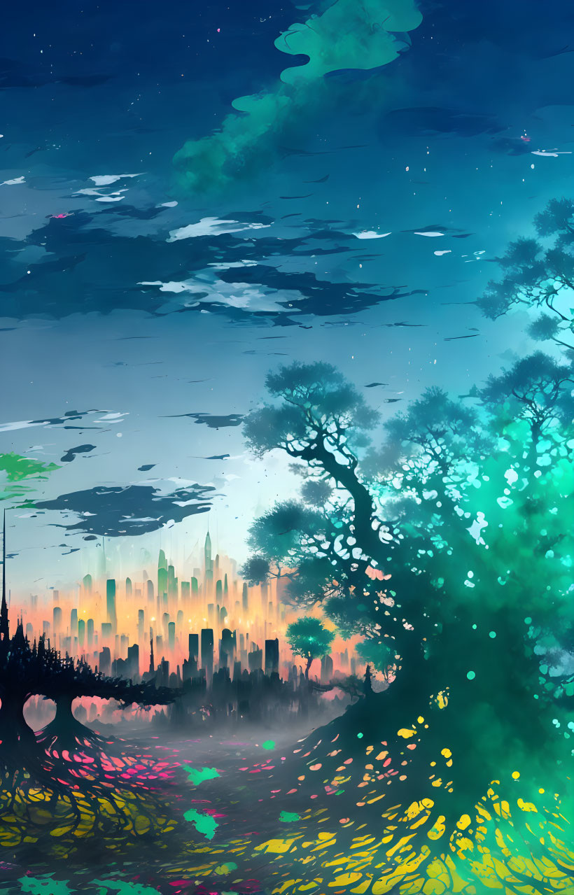 Fantastical landscape with glowing city silhouette and whimsical trees