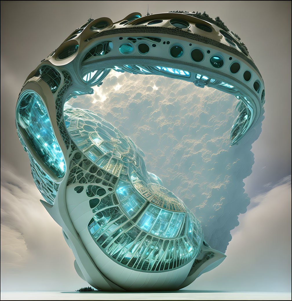 Torus-shaped futuristic structure with glowing blue windows under cloudy sky