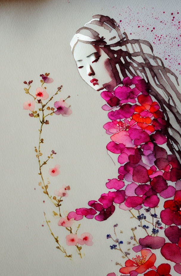 Female figure with cascading pink and red flowers in watercolor.