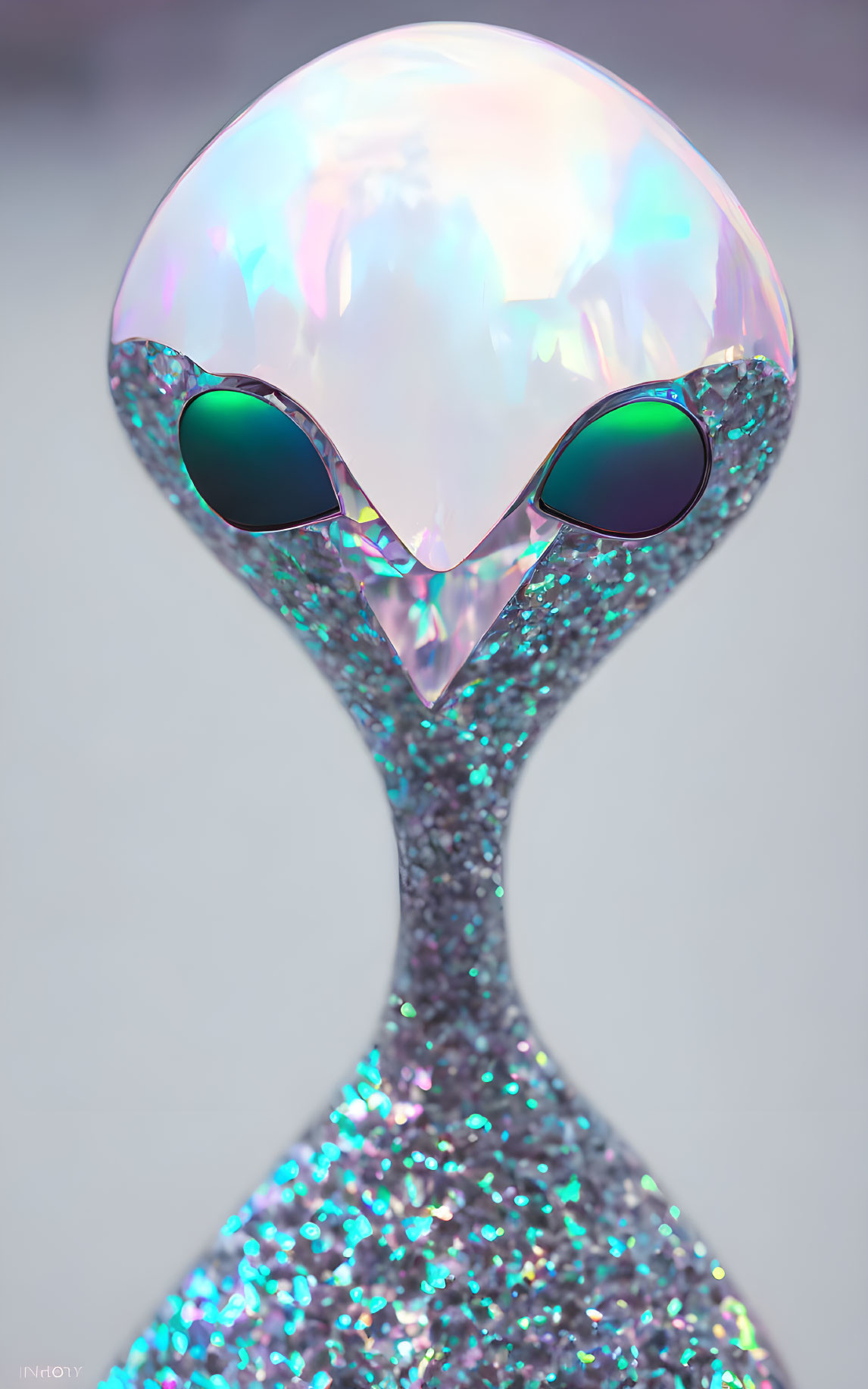 Shimmering crystalline alien figure with black eyes on soft focus background