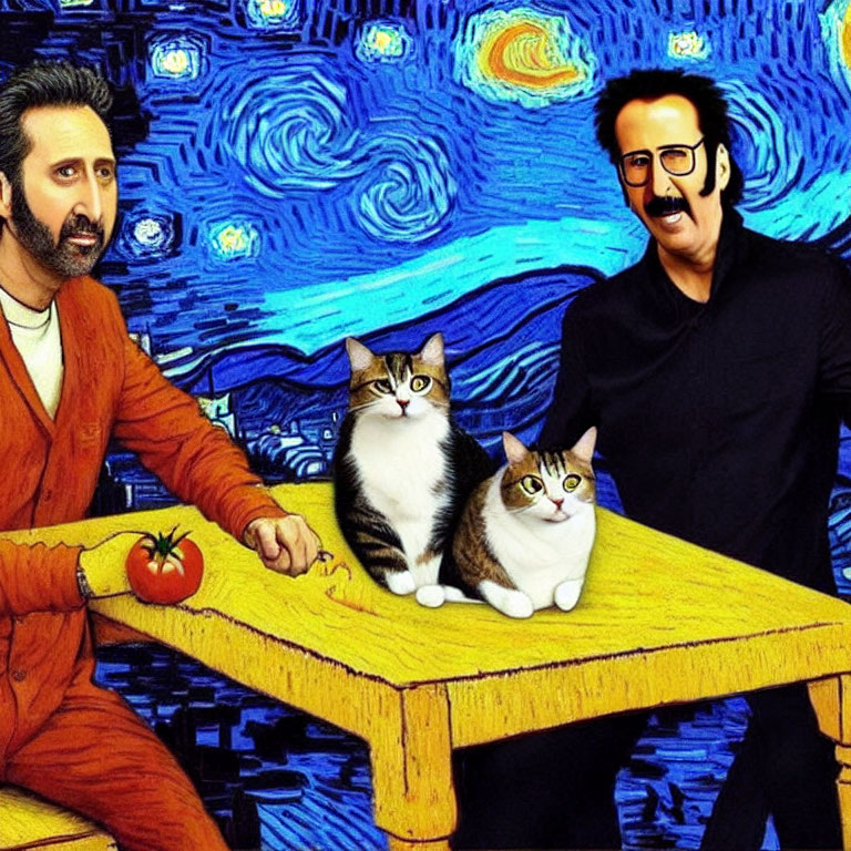 Illustrated men with mustaches at table with cats under starry night.