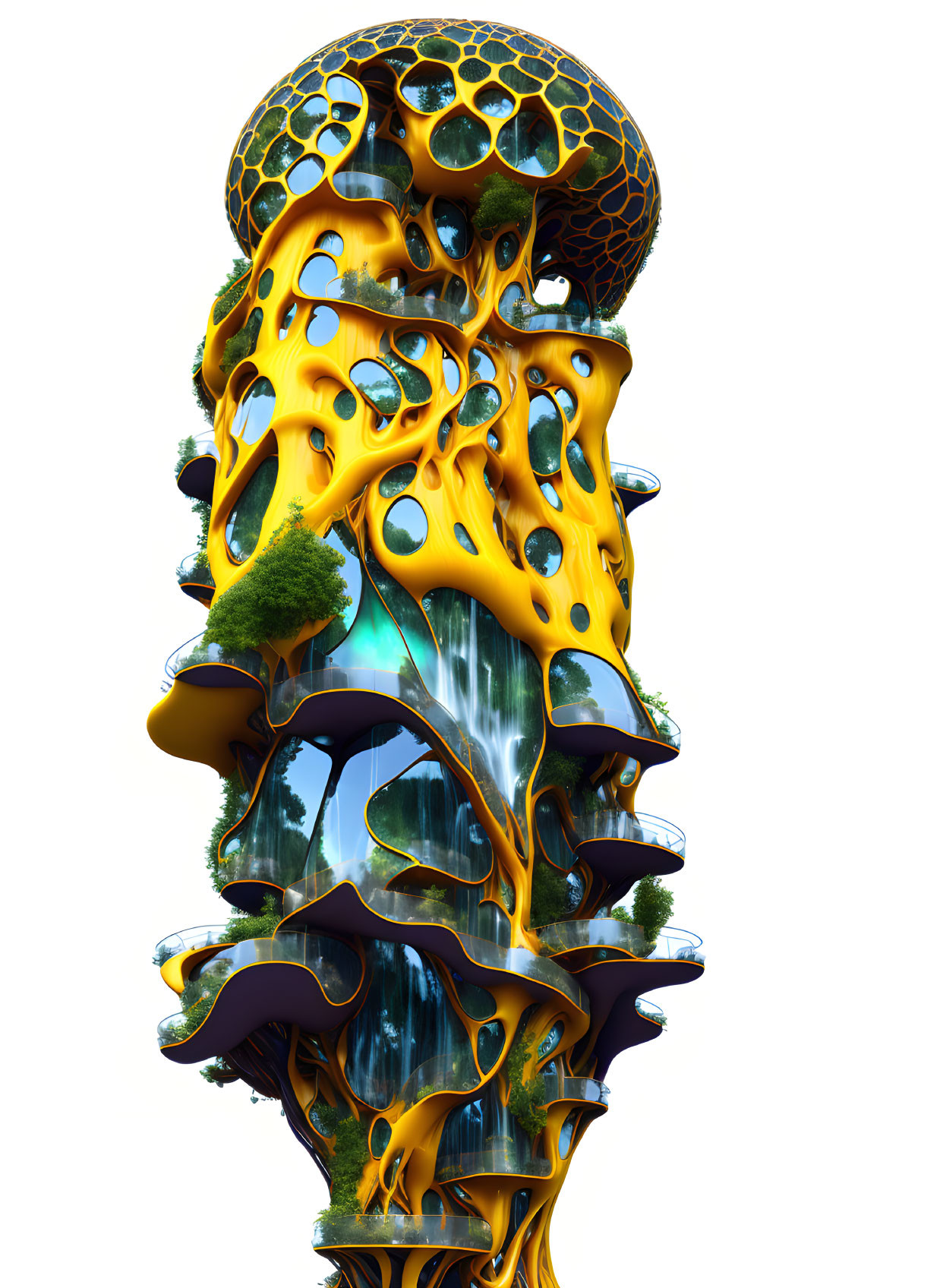 Abstract honeycomb-inspired sculpture with reflective surfaces and golden textures