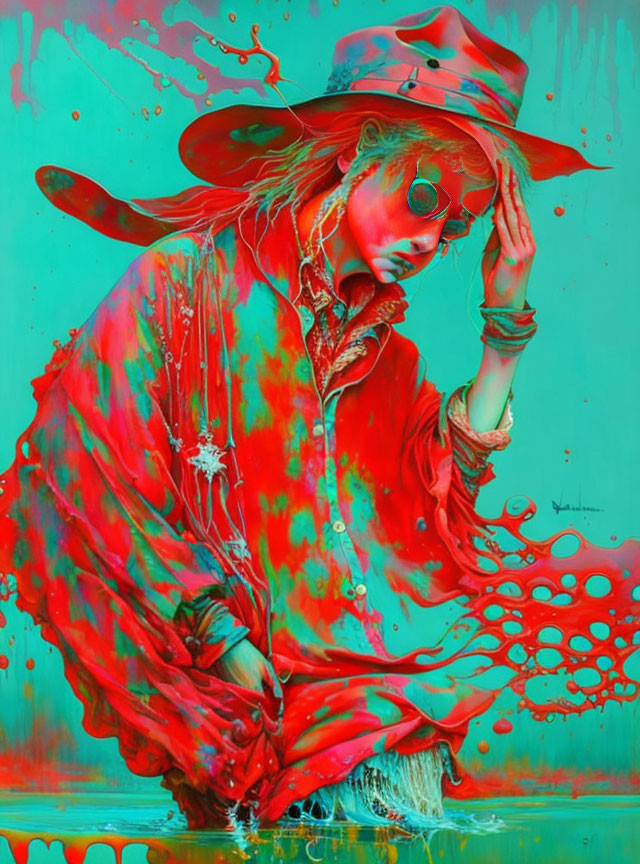 Abstract painting: Person in red outfit with turquoise background