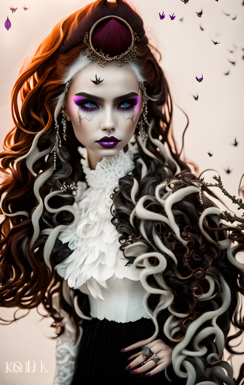 Stylized fantasy portrait of woman with red hair, crown, and butterflies