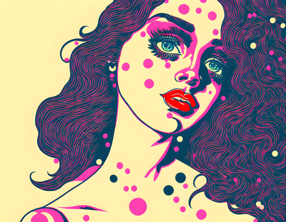 Vibrant pop art woman with flowing hair on yellow background