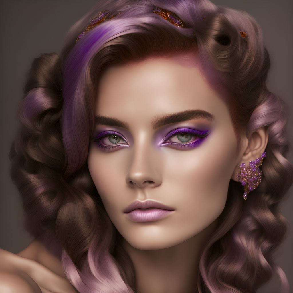 Vibrant digital artwork: Woman with flowing purple hair and glittering accessories