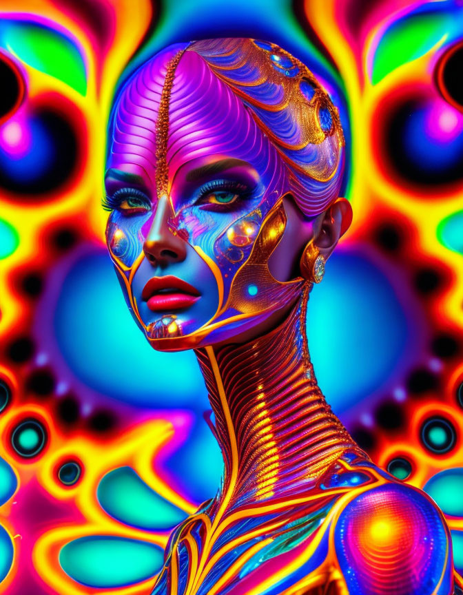 Colorful Psychedelic Digital Art of Woman with Patterns