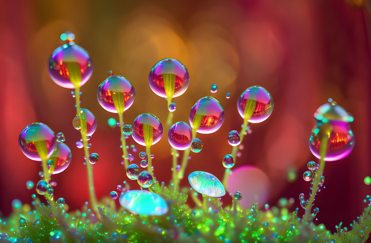 Colorful macro image of water droplets on moss with refracted light.