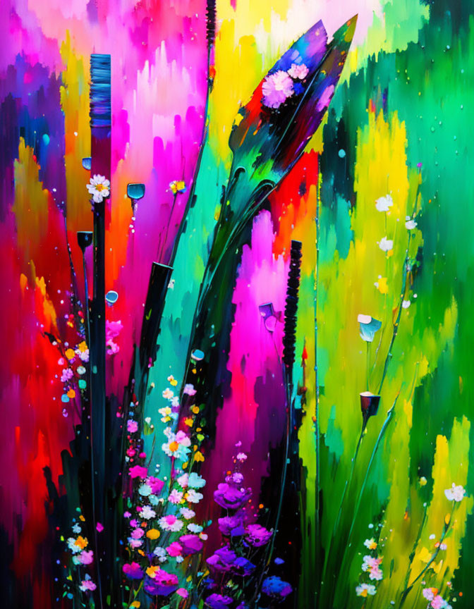 Colorful Abstract Painting with Brush Strokes & Silhouettes