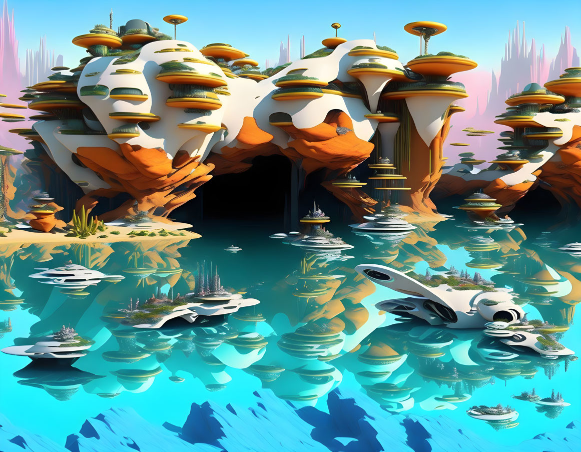 Orange and White Futuristic Alien Landscape with Flying Saucer-like Vehicles