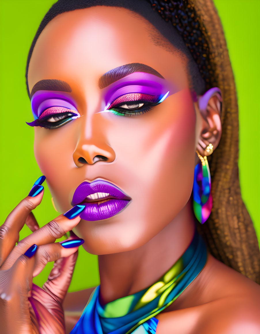 Vibrant Purple Makeup and Neon Eyeliner Look on Woman Against Green Background