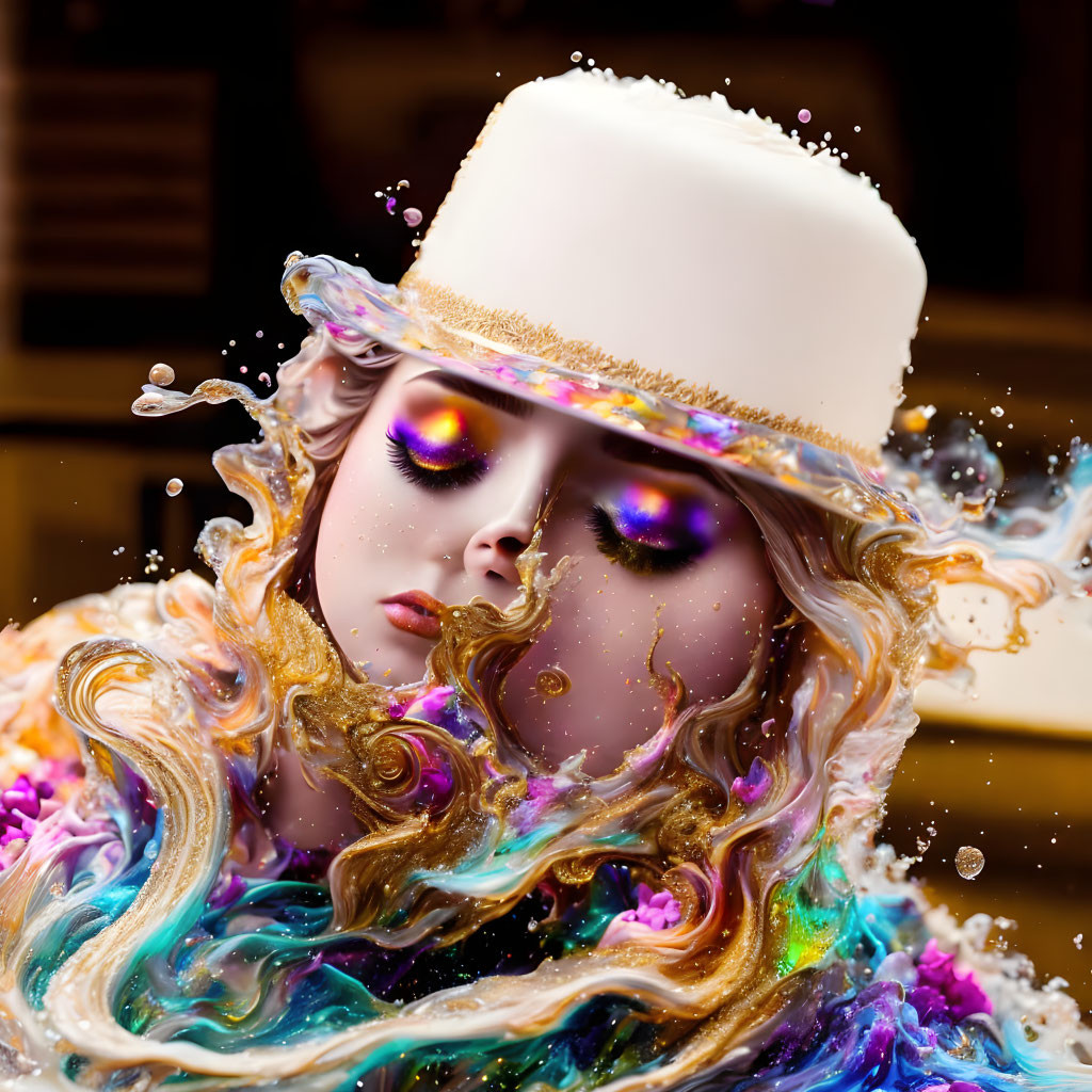 Colorful liquid swirls around person with white top hat and cosmic eye makeup