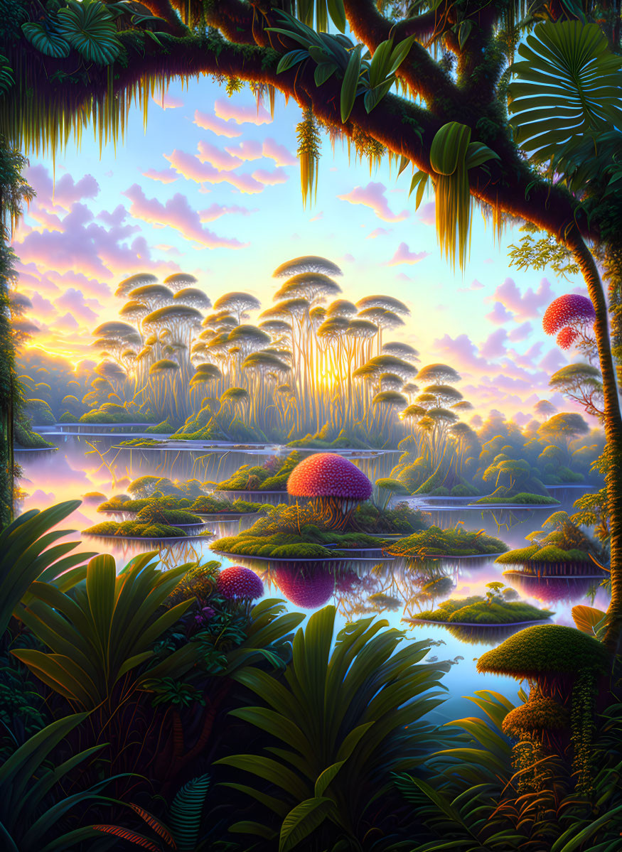 Tropical landscape at sunset with diverse exotic flora