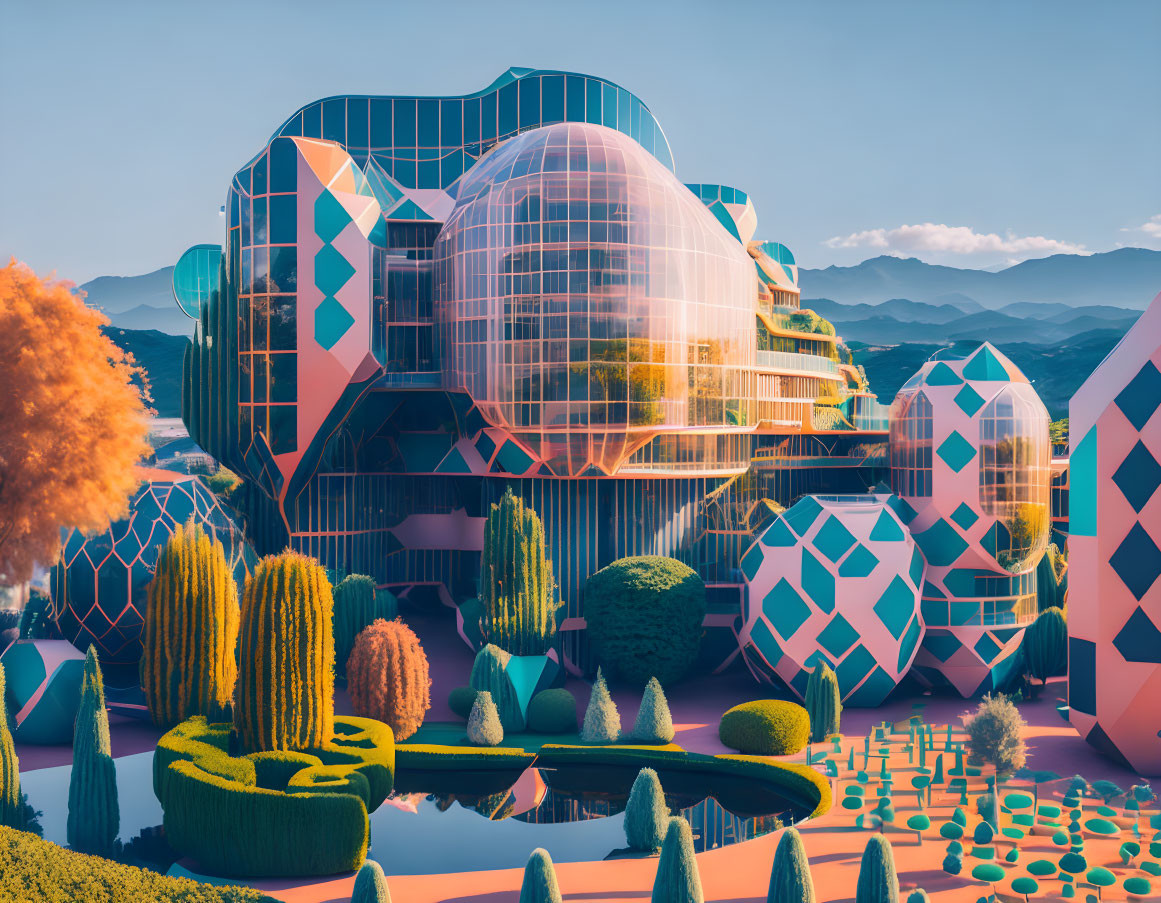 Futuristic architecture with central glass sphere and colorful whimsical buildings against mountain backdrop