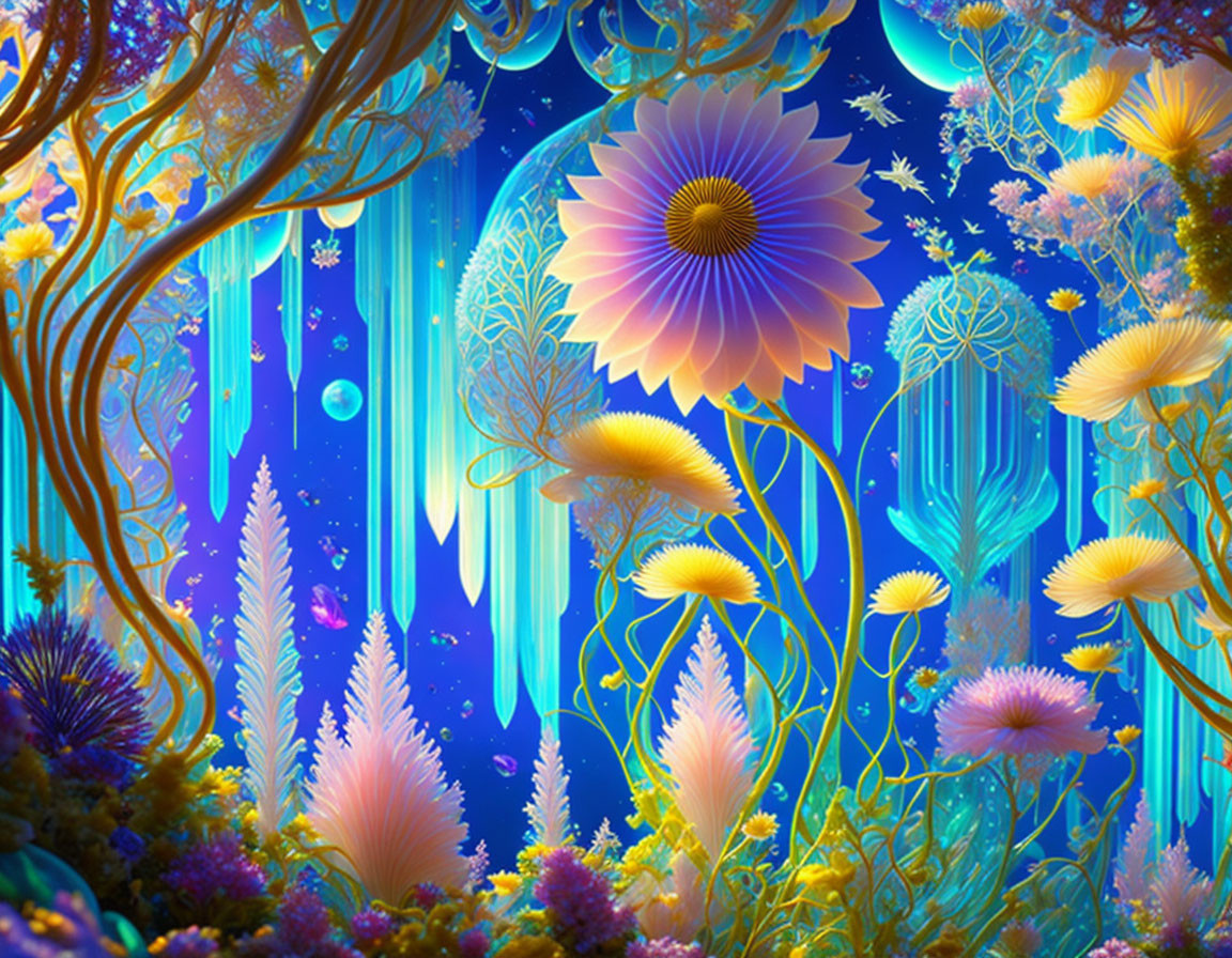 Colorful fantasy landscape with glowing plants, flowers, and floating bubbles under starlit sky