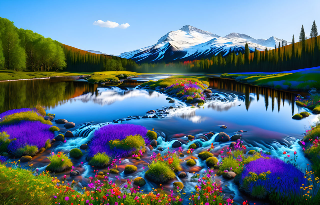 Scenic landscape with river, wildflowers, trees, and mountain