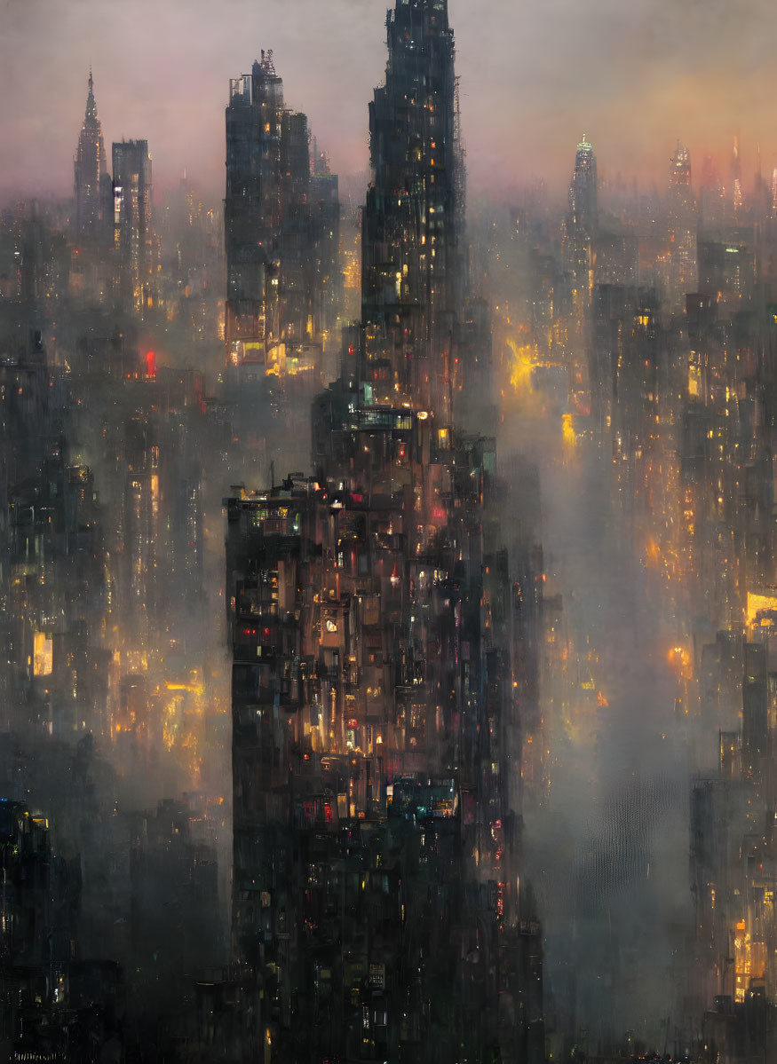 Futuristic cityscape with towering skyscrapers in hazy glow