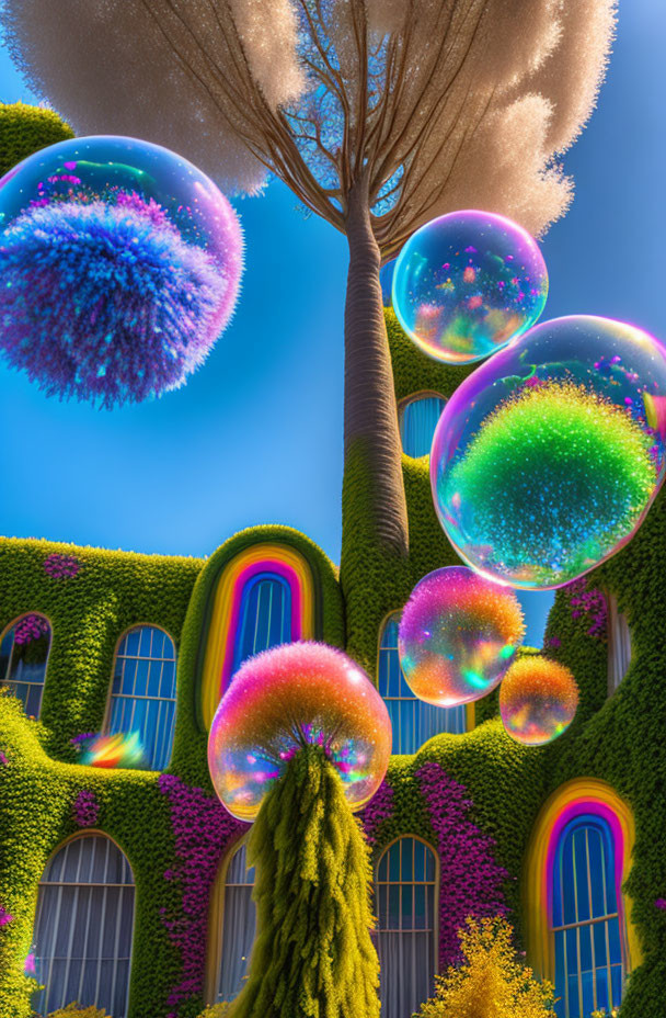 Colorful bubbles float around tree by whimsical purple house