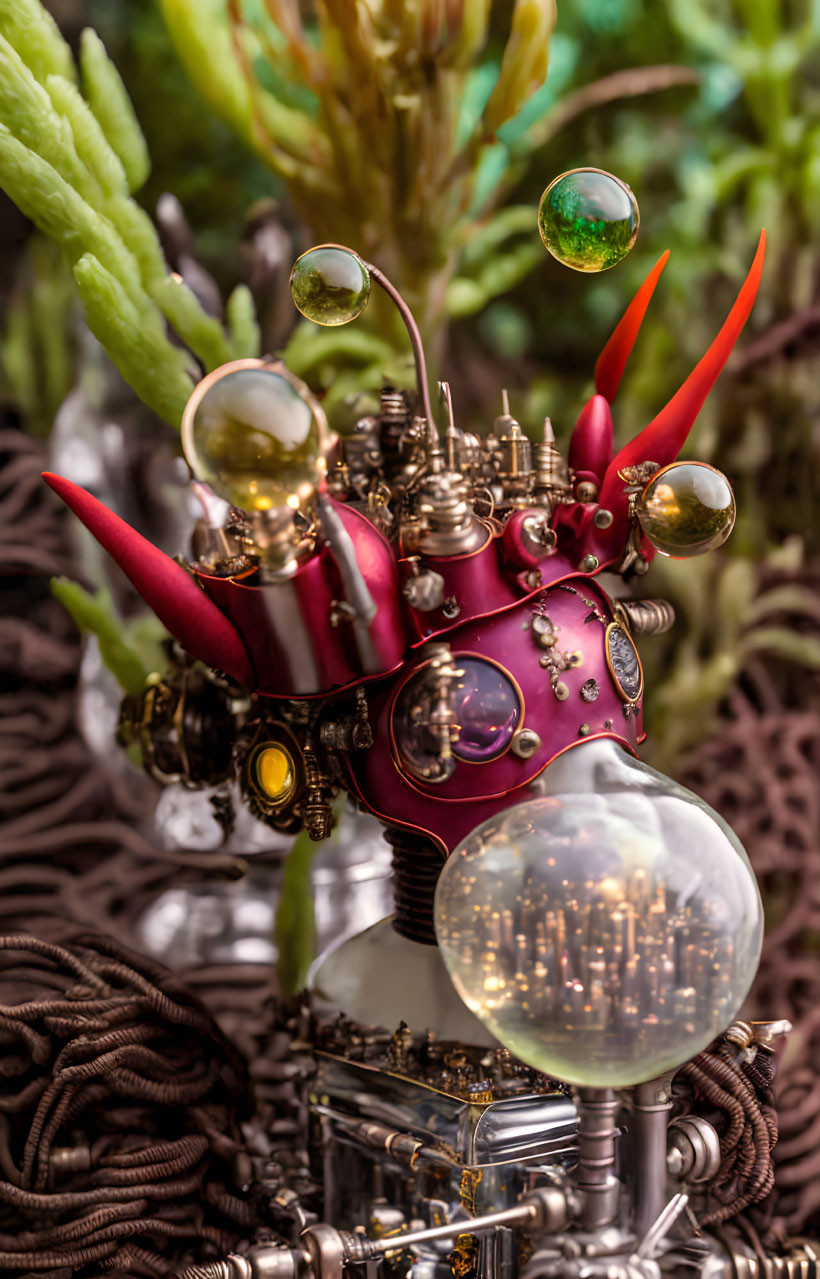 Steampunk-style robot head with gears, bulbs, and glass orbs in metallic and green setting