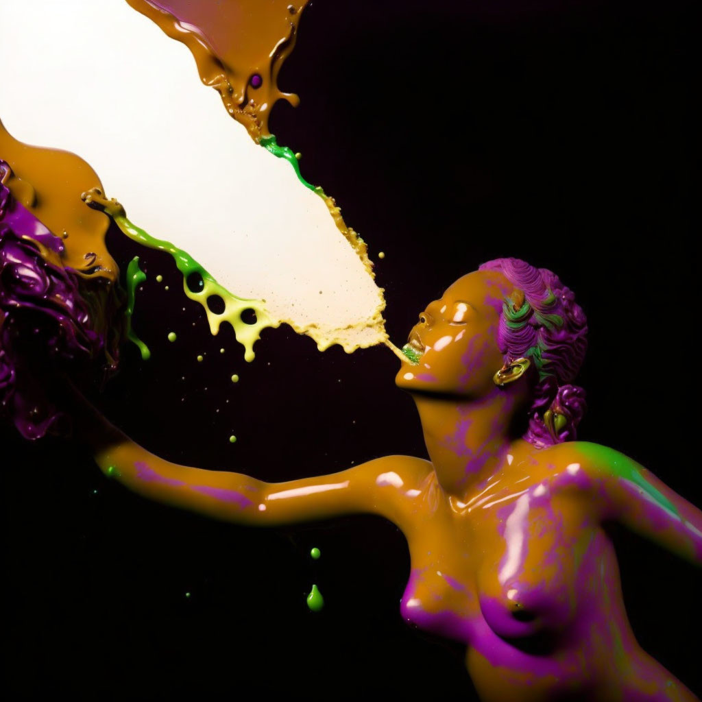 Vibrant paint splashes on person against dark background