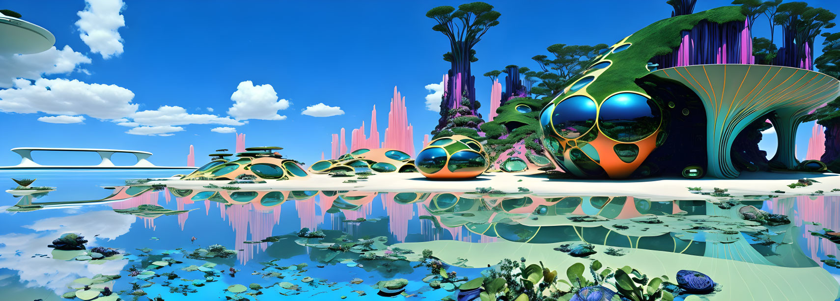 Colorful futuristic landscape with whimsical structures and reflective water