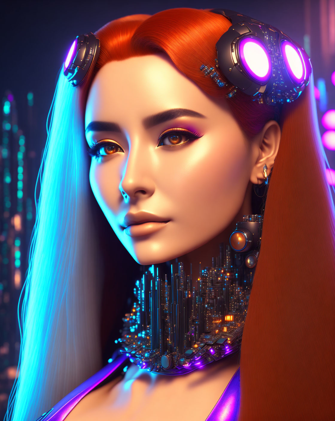 Digital Artwork: Woman with Red Hair, Futuristic Headphones, Glowing Makeup