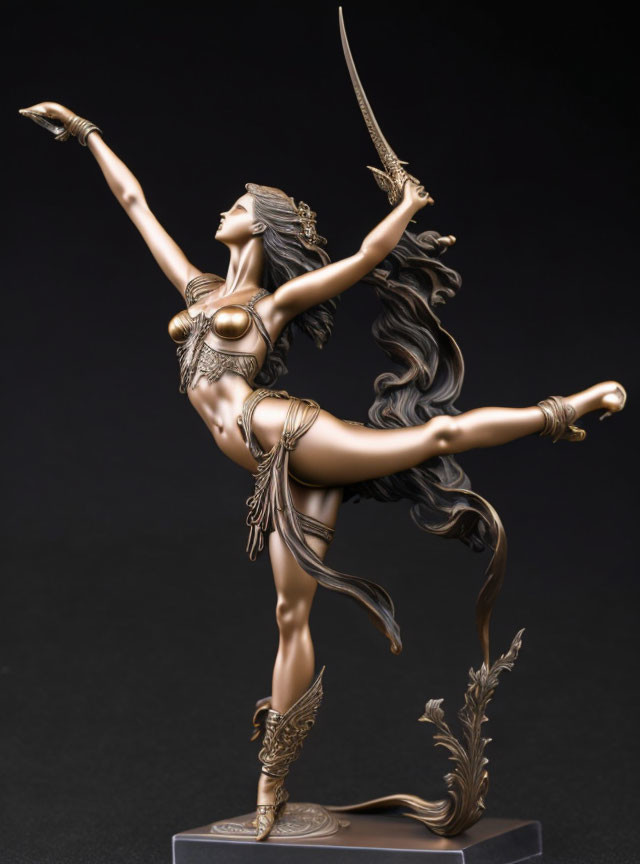 Female warrior statue with flowing hair and sword in dynamic pose